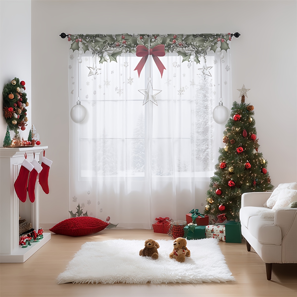TEMU 2pcs Festive Christmas Semi-sheer Curtains - Red & Print With Snowflakes, Stars, And , Machine Washable Polyester For Living Room, Bedroom,