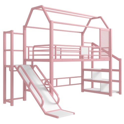 BELLEMAVE 2-1 Twin Loft Bed with Slide And Stairs, Metal Playhouse Bed with Storage Shelves, House-shaped Loft Bed And Noise-free Design, Pink