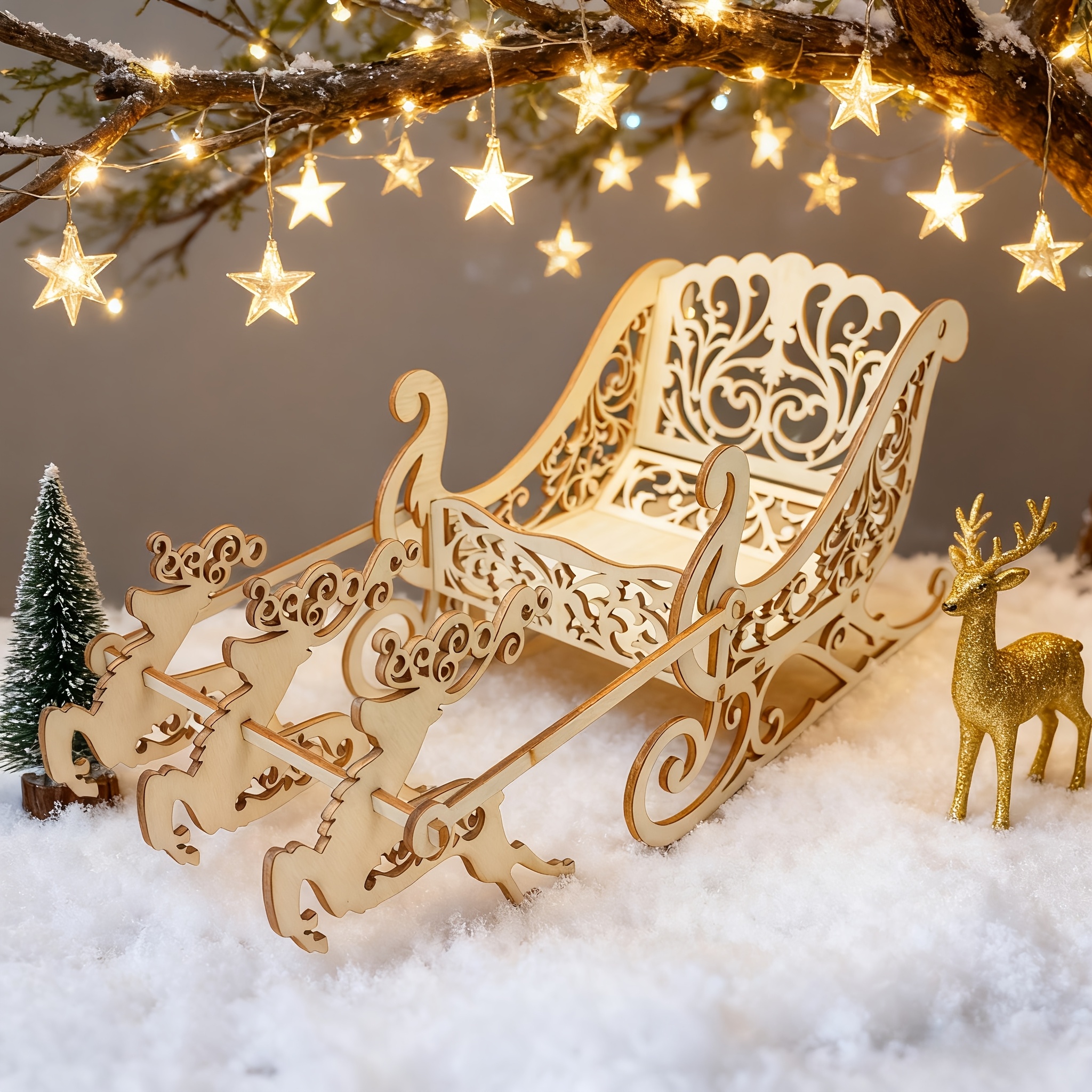 Image of Nativity Tabletop 3d Wooden Christmas Sleigh With Reindeer - Intricate Carved Diy Craft Ornament For Holiday Tabletop Display And Home Decor,for Christmas, Halloween