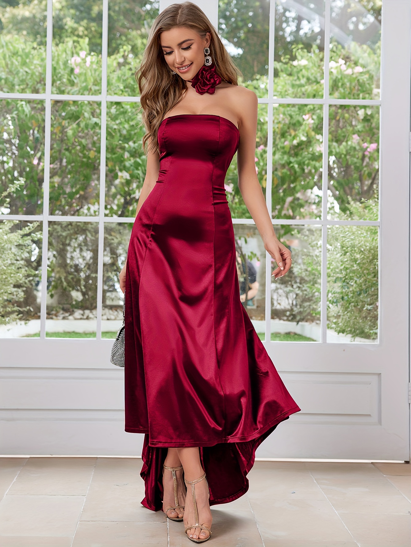 elegant satin high low hem wedding dress guest - Temu Spain