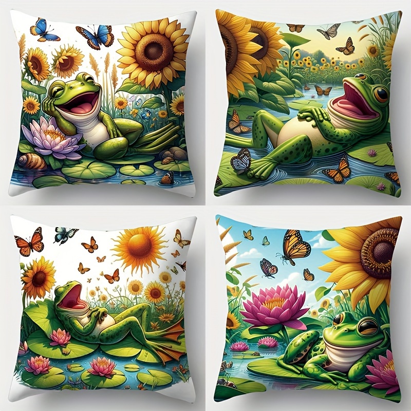 

4-piece Frog Print Throw Pillow Covers Set - Soft Polyester, Zip Closure, Hand Washable - Perfect For Sofa, Bed, Car & Living Room Decor (17.72" X 17.72")