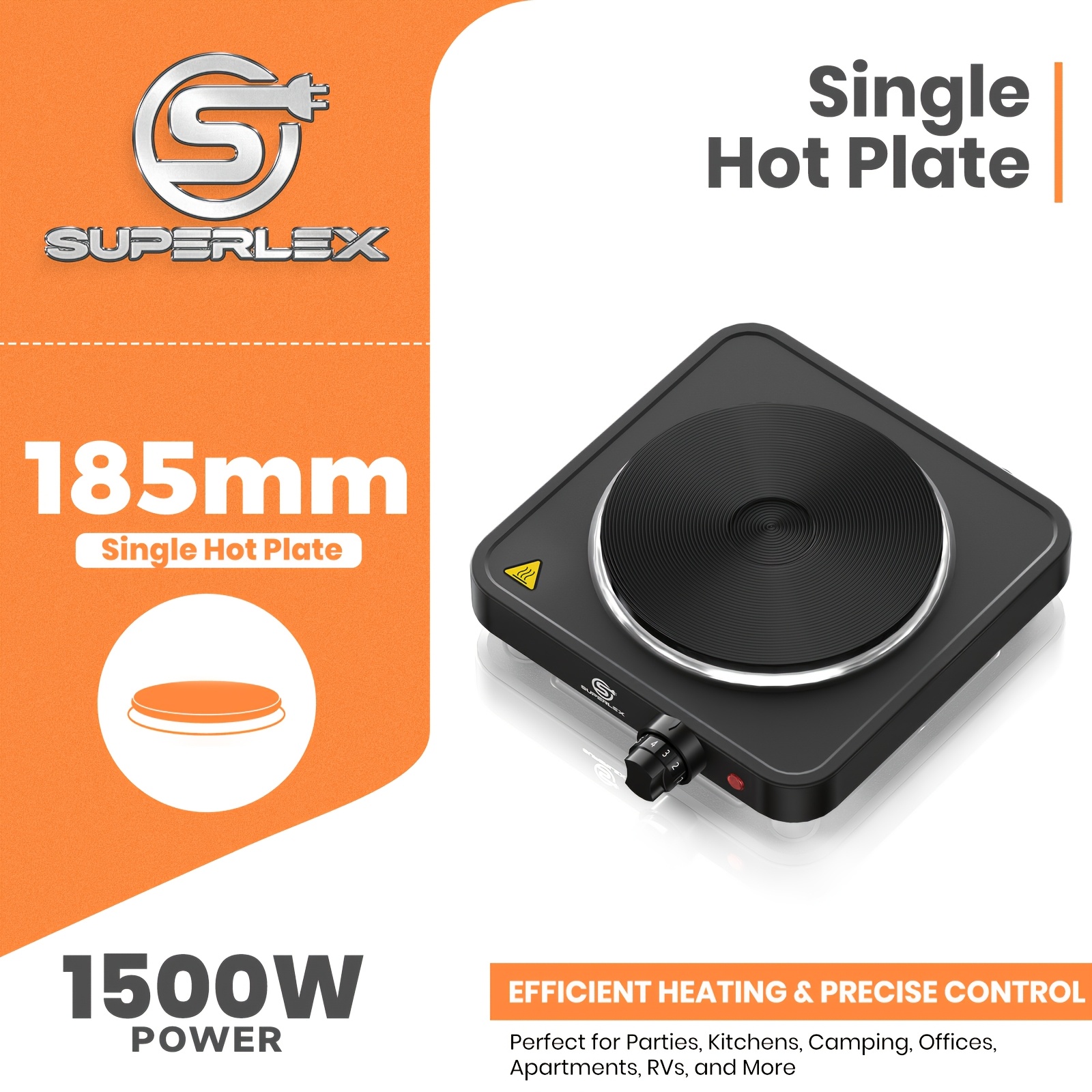 Image of Superlex 1500w Single Electric Hot Plate With 185mm Heating Plate, Portable Cooking Stove, Thermostat Temperature Control, Protection, Indicator Light, Non-slip Rubber Feet, Compact And Easy To Clean
