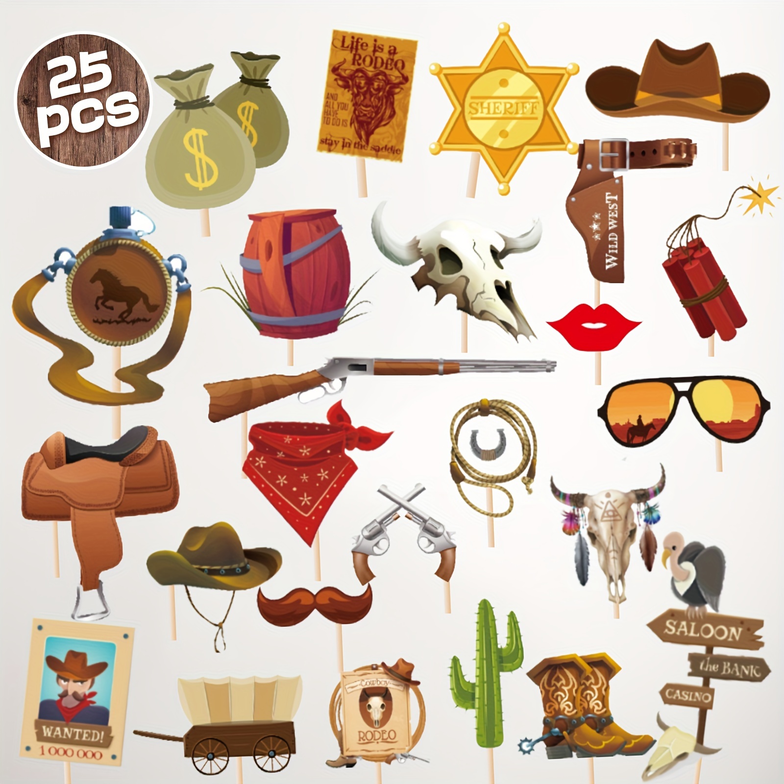 25pcs Western Cowboy Party Photo Booth Props Kit - Giant 72x44 Inch 