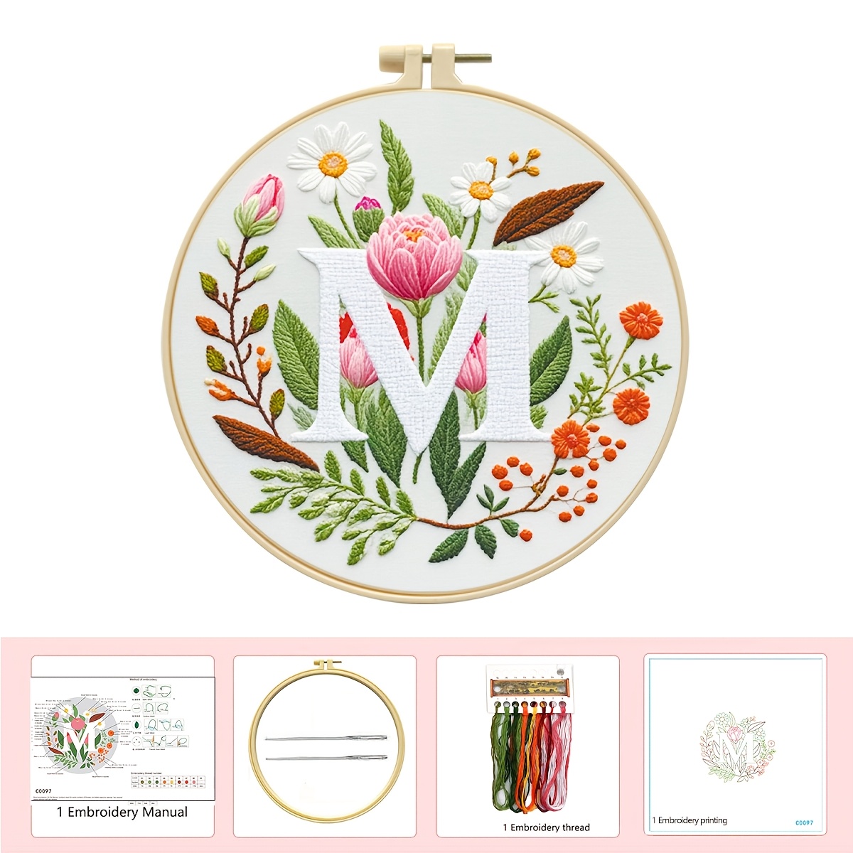 E-shop 1 Stick-Set für Anfänger, Schnellstart, 26 Blumen-Alphabet-Serie, Stickstoff – Materialpaket enthält bedrucktes Muster/Sticknadel-Werkzeuge, DIY