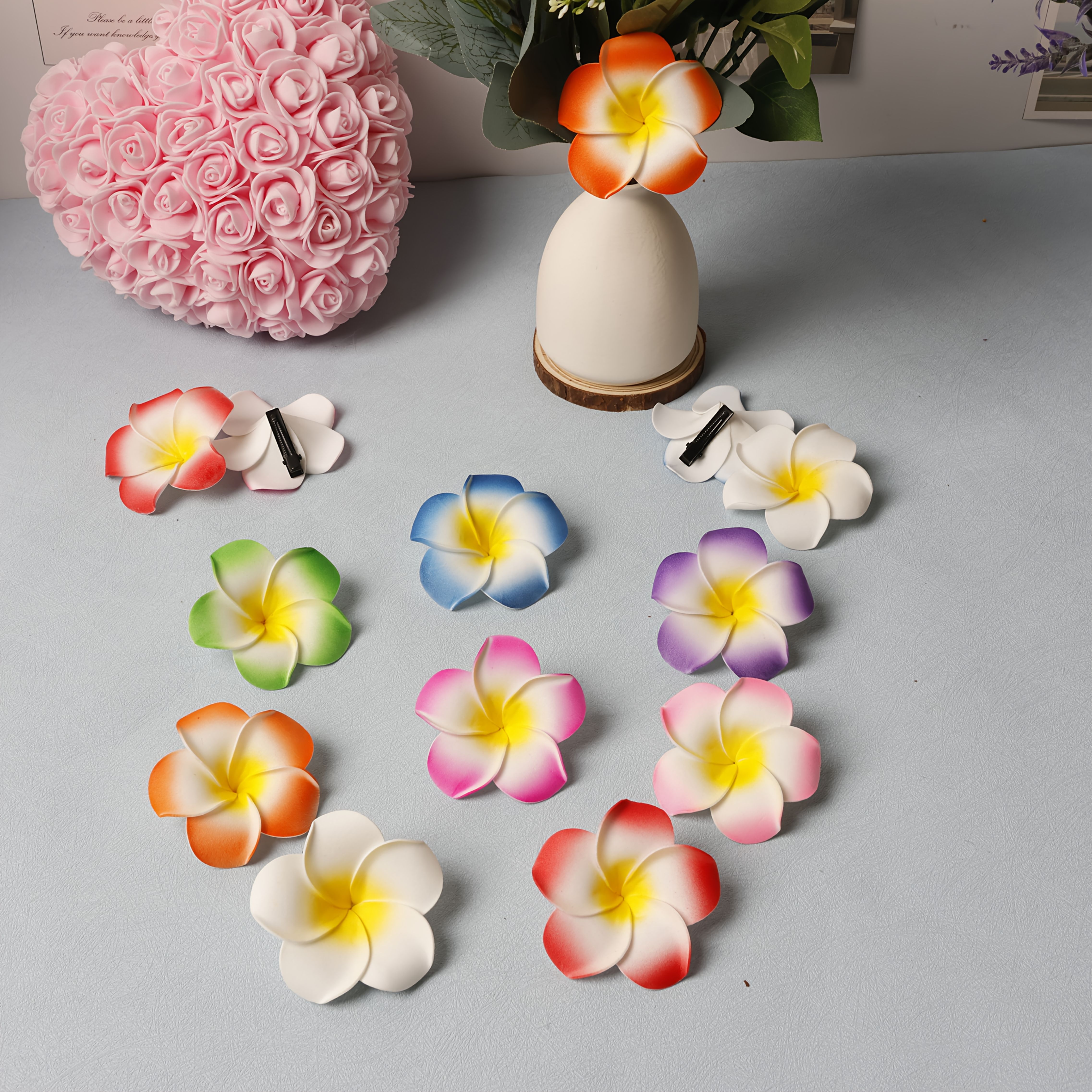 16 pack bohemian style hawaiian floral hair clips colorful pvc flower hairpins for women and girls beach vacation accessory valentines day gift assorted flower shapes Product details 0