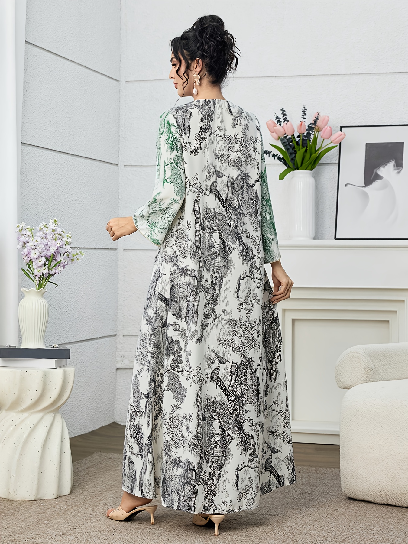 womens floral print v neck long sleeve loose straight dress - Temu Bahrain