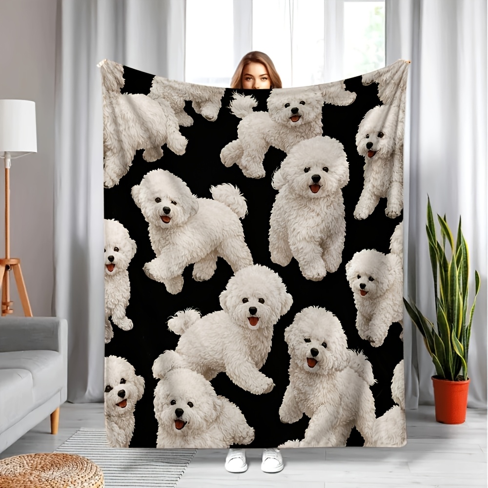 TEMU 1pc Bichon Puppy Blanket - Fluffy White, Suitable For Bed, Sofa, Travel And Camping - Soft Warm Comfortable Bed Cover With Cute Bichon Puppy