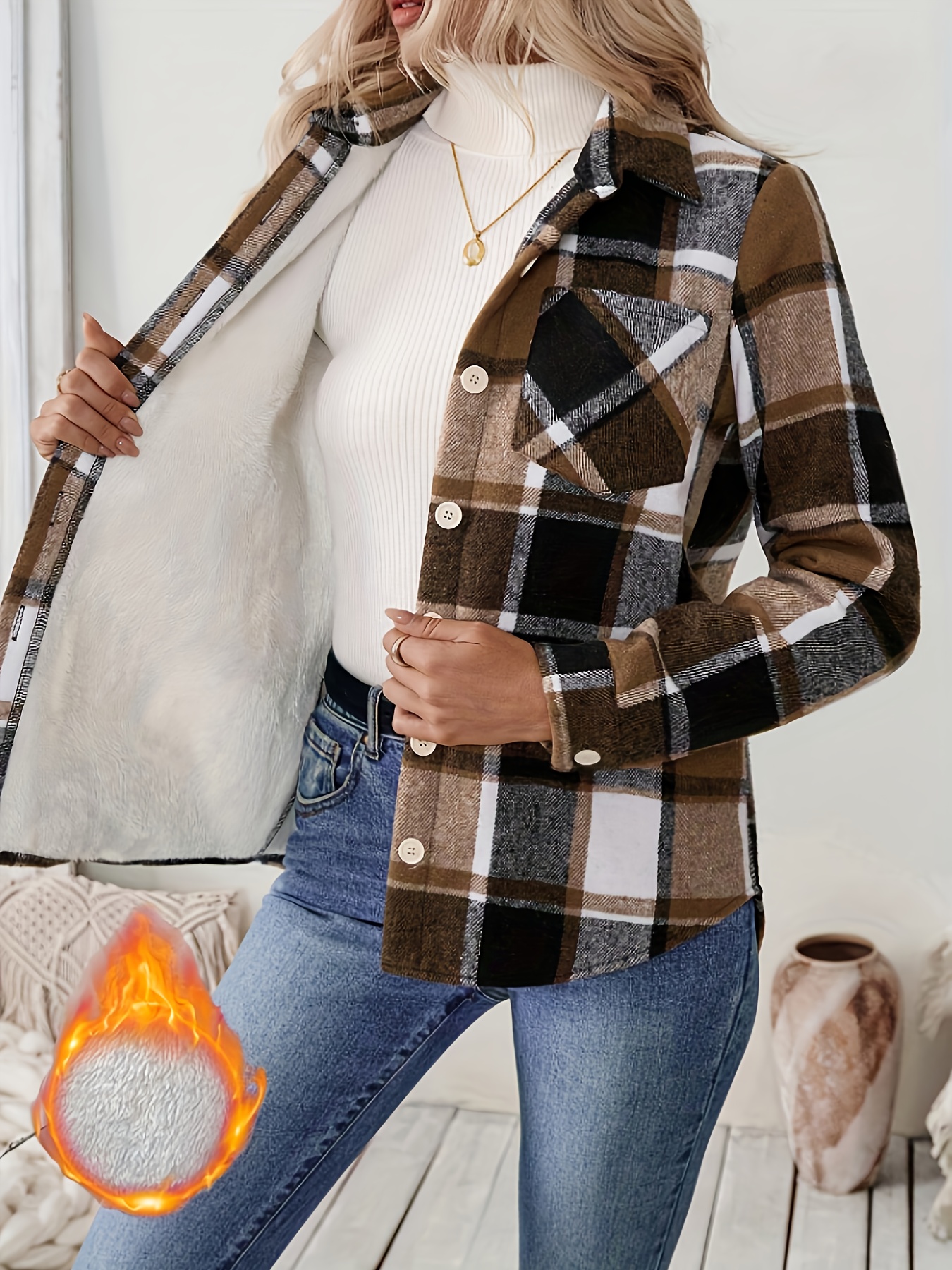 Women's Fleece-Lined Button-Up Shirt with Pockets in Gingham Plaid