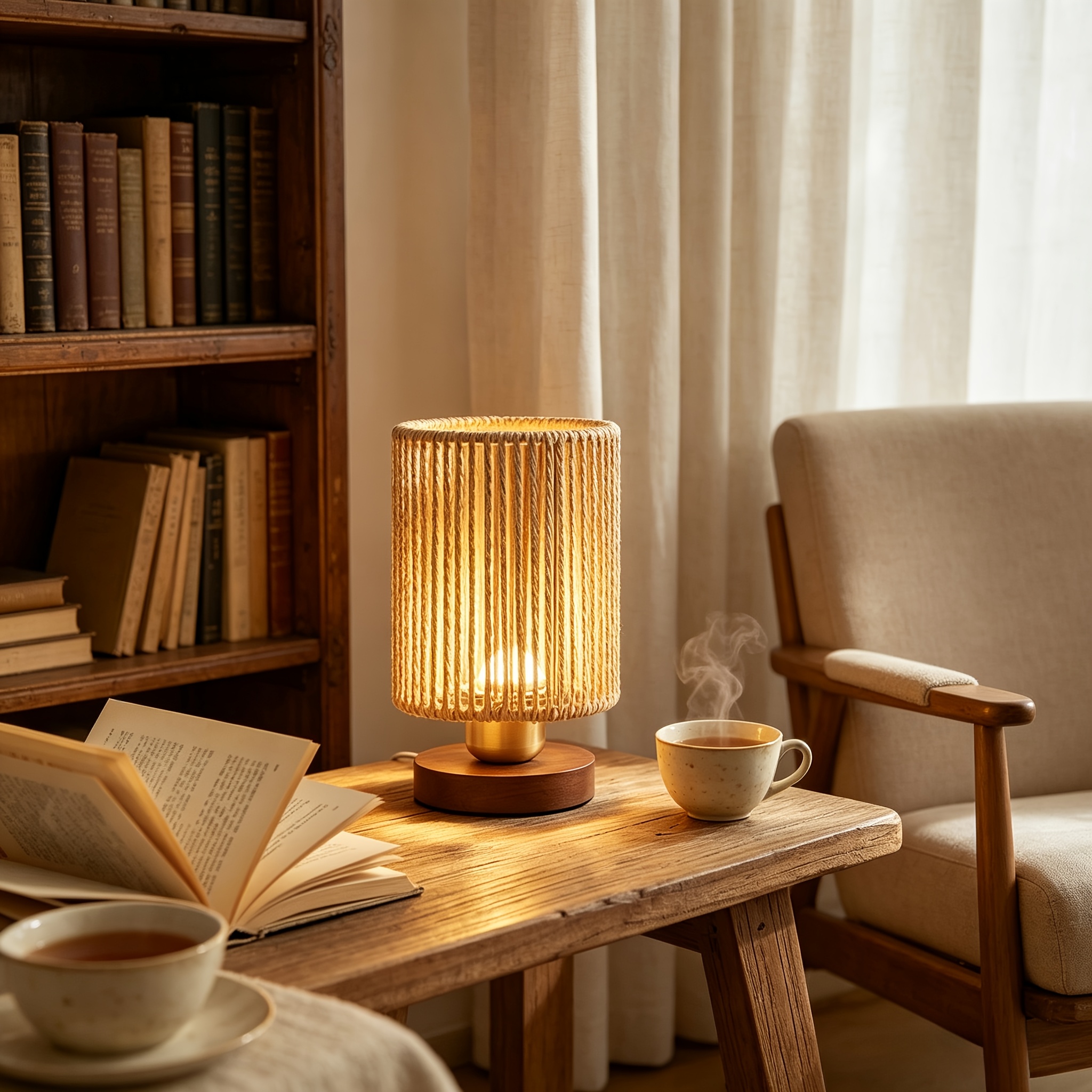 TEMU Lámpara de mesa de ratán, lámpara de escritorio con base de madera y pantalla tejida, luz de noche y para dormitorio, mesita de noche, , de