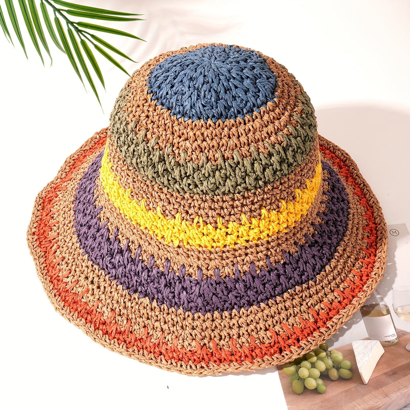 stripe crochet straw sun hats women summer beach hat wide - Temu