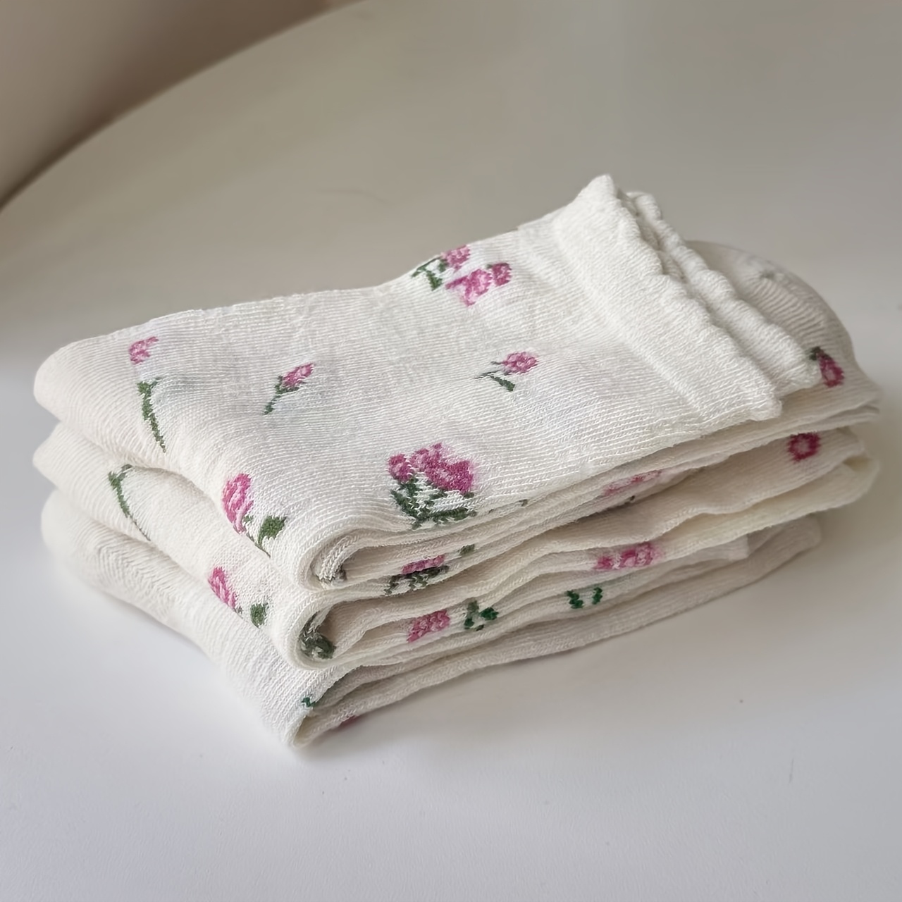 TEMU 3 Pairs, Women's Spring And Summer Socks, Countryside Style Small Floral Socks Full Of Retro Oil Painting Feeling, Wooden Ear Breathable Mesh