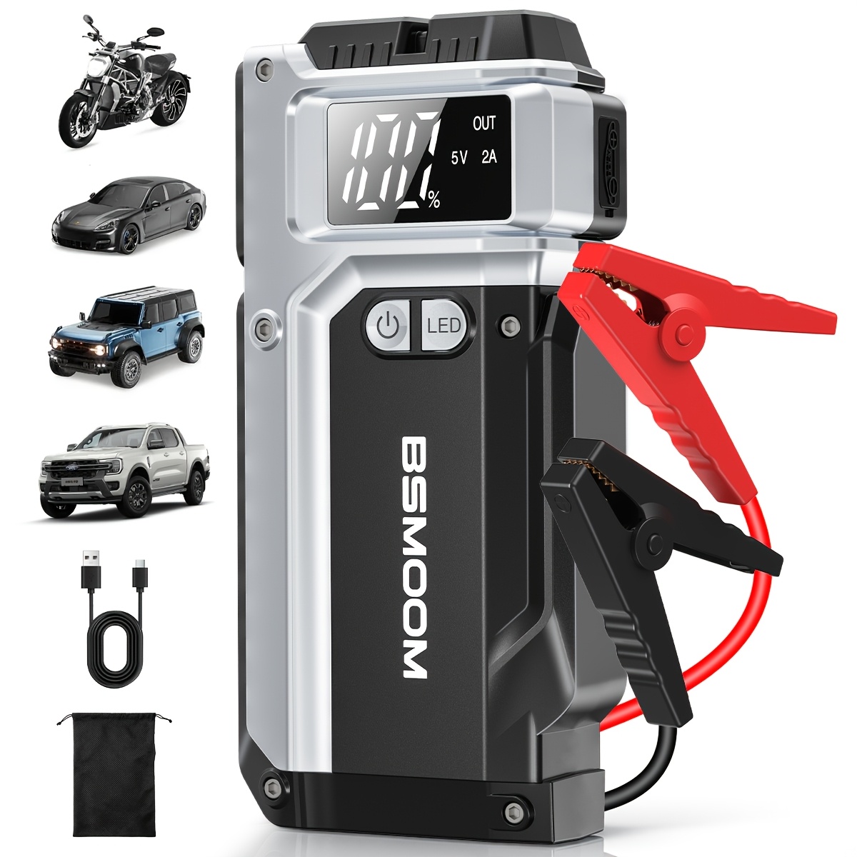 TEMU 12000a 12v Auto Jump Starter, Battery Booster Jump Box With Digital Screen, Led Emergency Flashlight, Portable Phone Fast Charger For All