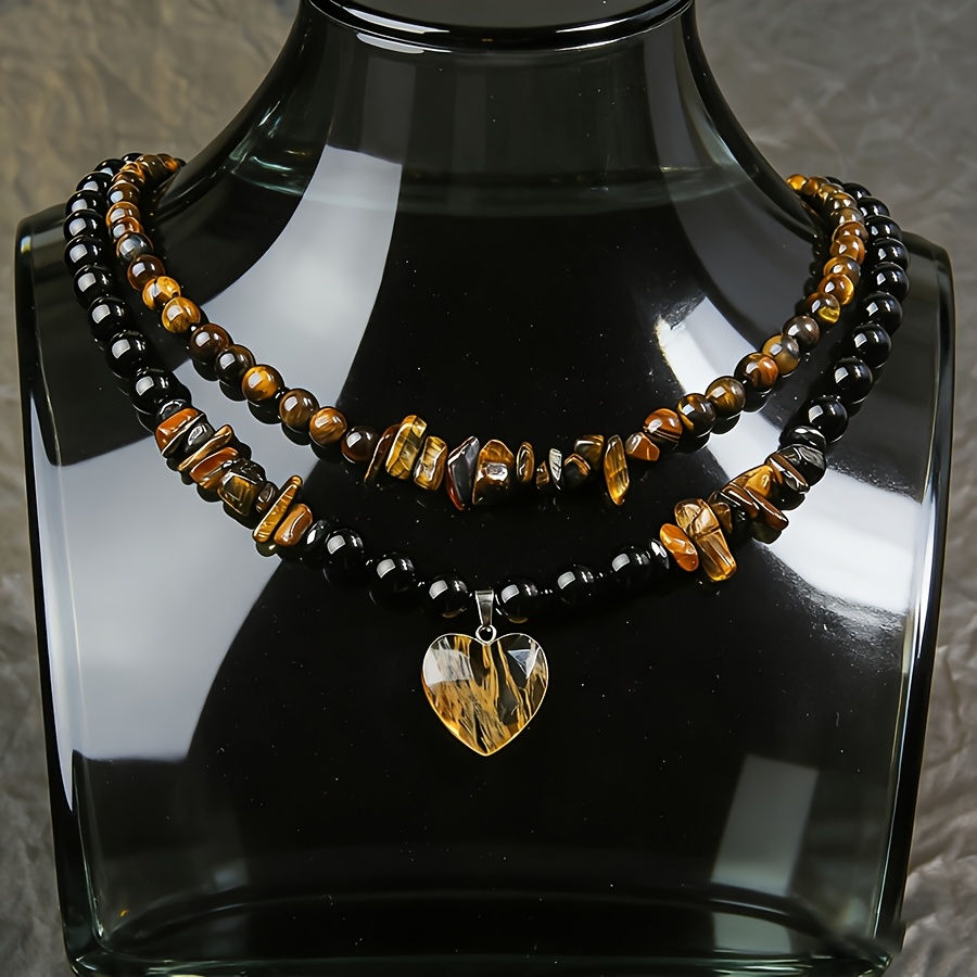 Women's Layered Long Necklace with Natural Stone Heart Pendant