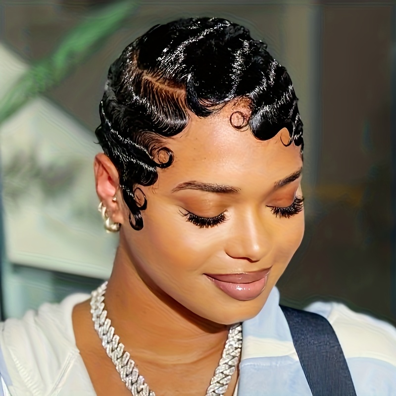 TEMU Women's Finger Wave Cut Wig - 10.16cm Natural Hair Wig With 150% Density, And , Elegant Style Short Hair For Everyday And Party Wear, Hair Wig