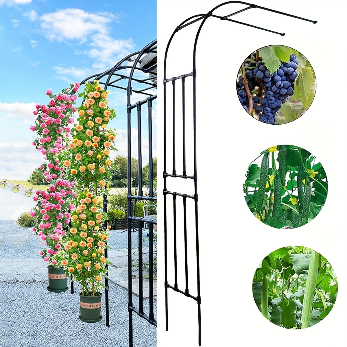 

Black Half-arch Garden Trellis For Climbing Plants - Pe/metal, Detachable Outdoor Support For Tomatoes, Squash, & Flowers