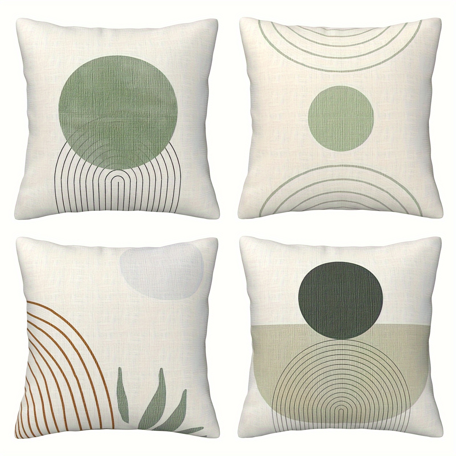

4pc Beige Green Abstract Boho Line Art Decorative Throw Pillow Covers, Contemporary Linen Blend Cushion Cases, Easy Care Zippered Pillowcases For Home & Farmhouse, Modern Woven Design - No Filling
