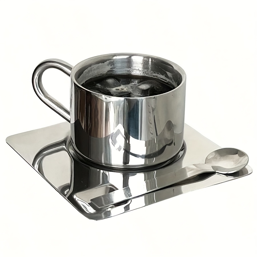 TEMU Taza de café y té de acero inoxidable y platillo - pared aislada para bebidas calientes y frías, para , latte y leche, diseño duradero de metal, taza de café.