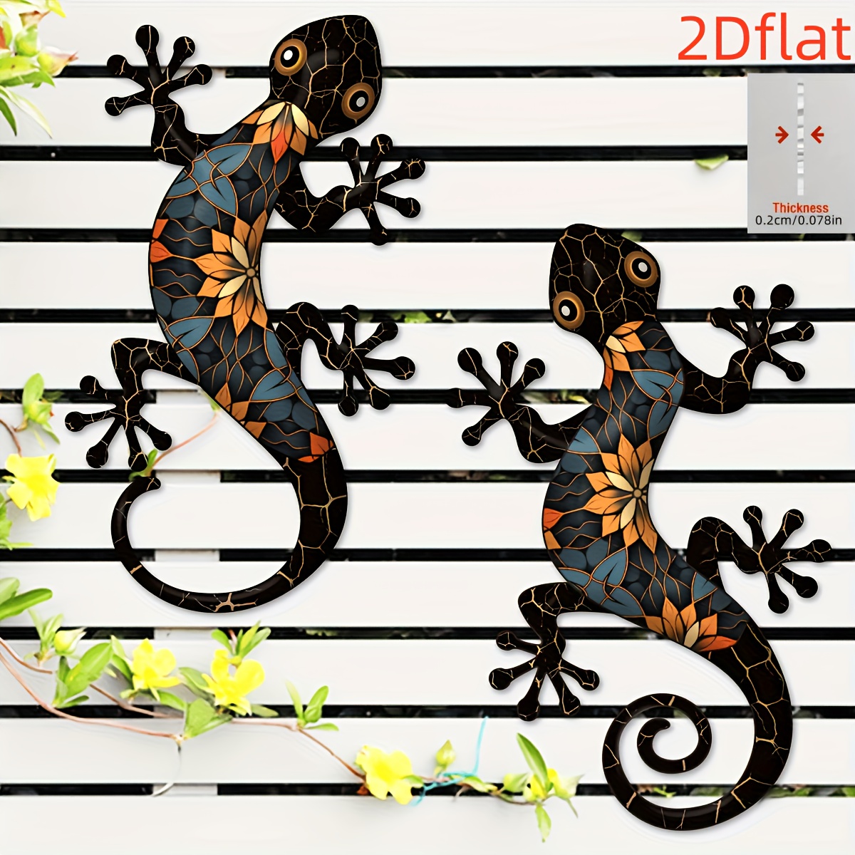 E-shop 2D Flach, 2er Set Multicolor Acryl Gecko Wandbehang - Farbenfrohes Mosaik Design, Kein Benötigt, Outdoor/Indoor Wandkunst für Garten, Hof, -