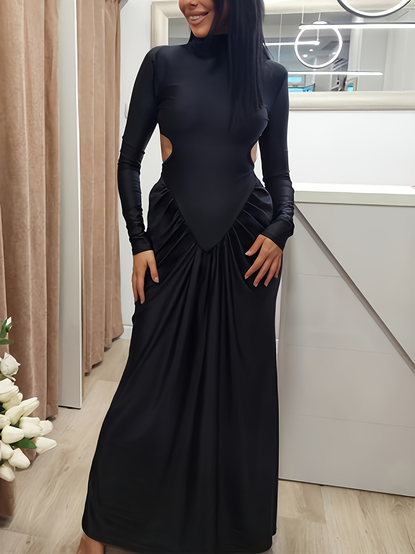 black long sleeve high neck bodycon dress Dashing Black Ribbed Mock Neck Long Sleeve Bodycon Mini Dress