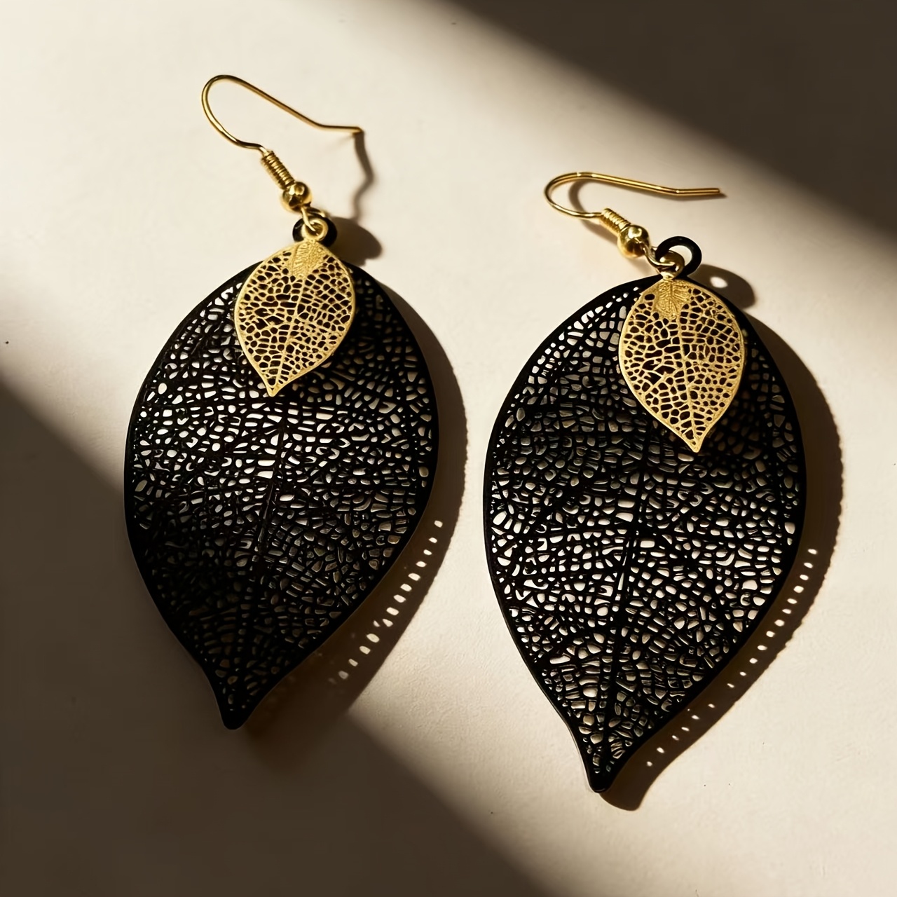 TEMU European And Black And Golden Earrings, Hollow-out Leaf Vein Design, Trendy Dangling Earrings