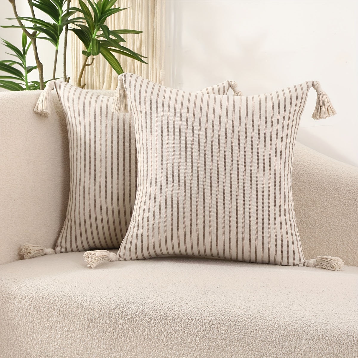 Set Of 2 Striped Jacquard Decorative Pillow Covers With Tassel Embellishments
