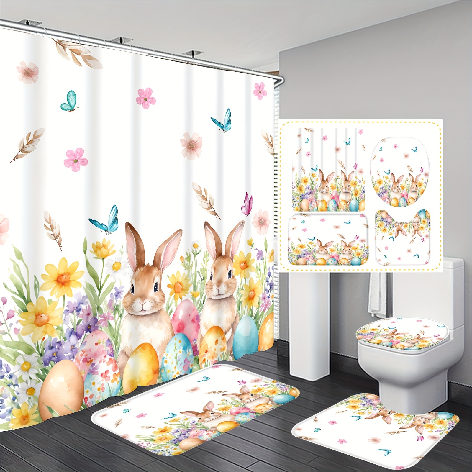 

1pc/4pcs Easter Polyester Bathroom Shower Curtain 12 Bathroom -slip Mat U-shaped Mat And Round Mat Bathroom Set Use