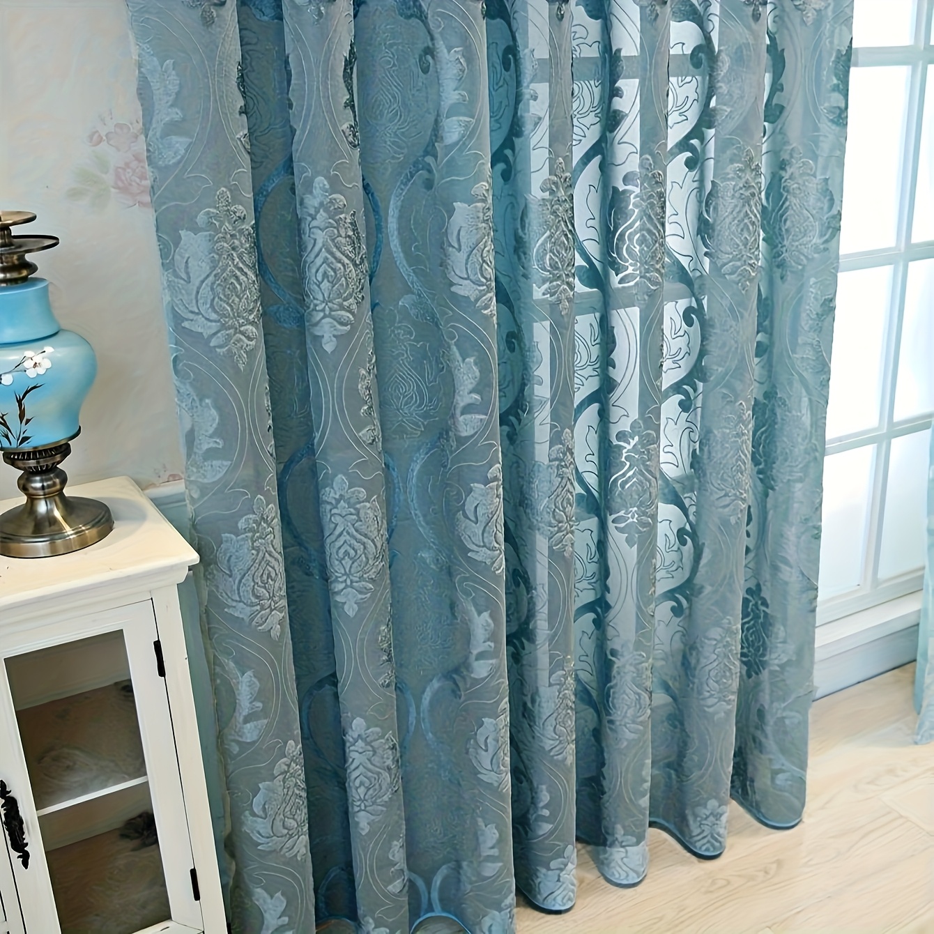 TEMU 1pc Blue Bohemian Floral Jacquard Sheer Curtain - Rod Pocket Top, Semi- Filtering, 100% Polyester, Machine Washable, Intricate Room, Bedroom,