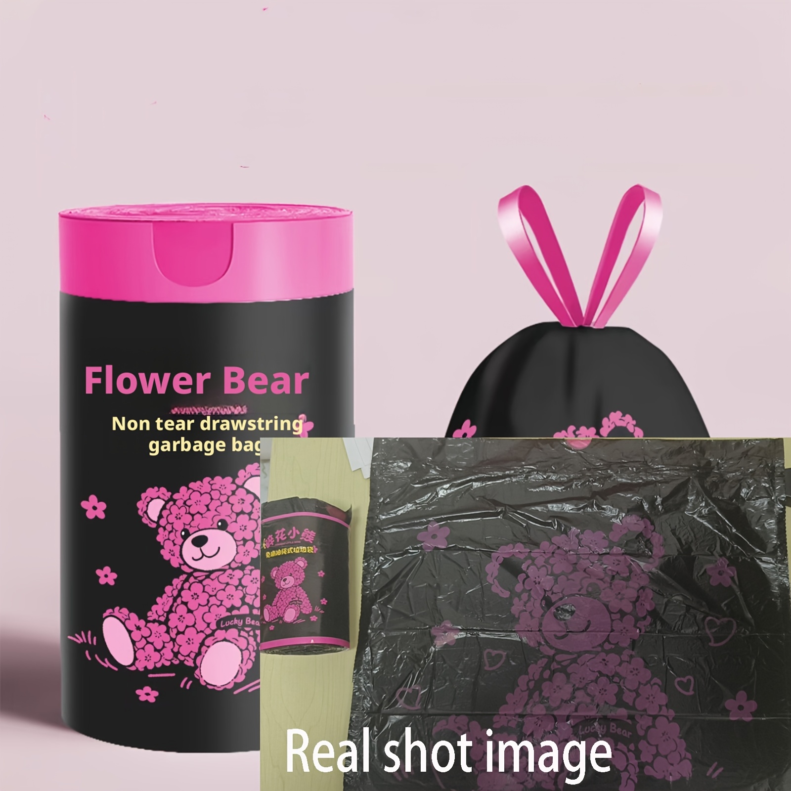 TEMU 1 Roll/ 60pcs Cherry Bear Scented Trash Bags - Heavy-duty Drawstring Bags With Anti-tear Design, Large 45x45cm Capacity, Scented Bags, Ideal For