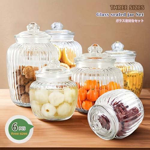 6er-set, zwei arten von geprägten glasbehältern mit deckeln, 21oz/42oz/74oz, luftdichte lebensmittel-aufbewahrungsboxen, deko-kürbisglas für feiertage, geschenke für familie und freunde, süßigkeiten- , keksglas, tee- , kaffee- ; küchen- und haushaltsartikel