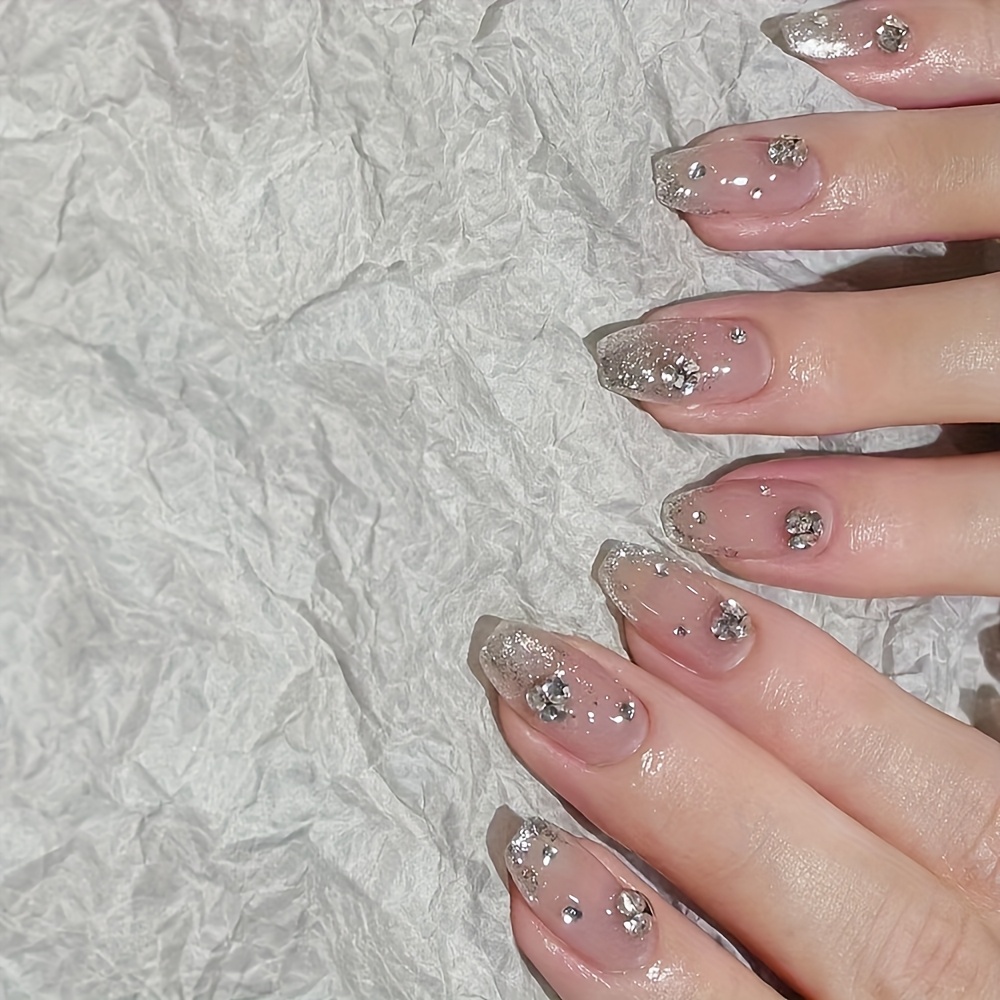 Image of 24pcs Glossy Short Coffin Press On Nails Pink And French Style False Nails With Classical Style Glitter Rhinestones Reusable Fake Nails For Women And