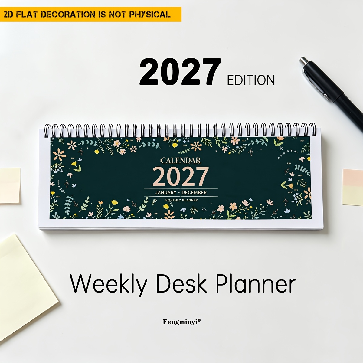 TEMU Calendrier de bureau à bandes de plantes style forêt florale 2027, 1 pièce, à spirale avec pages de planification mensuelle, agenda mémo de