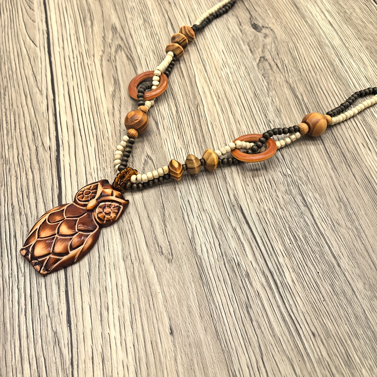Bohemian Wooden Bead String Square Carved Maple Leaf Owl Elephant Necklace