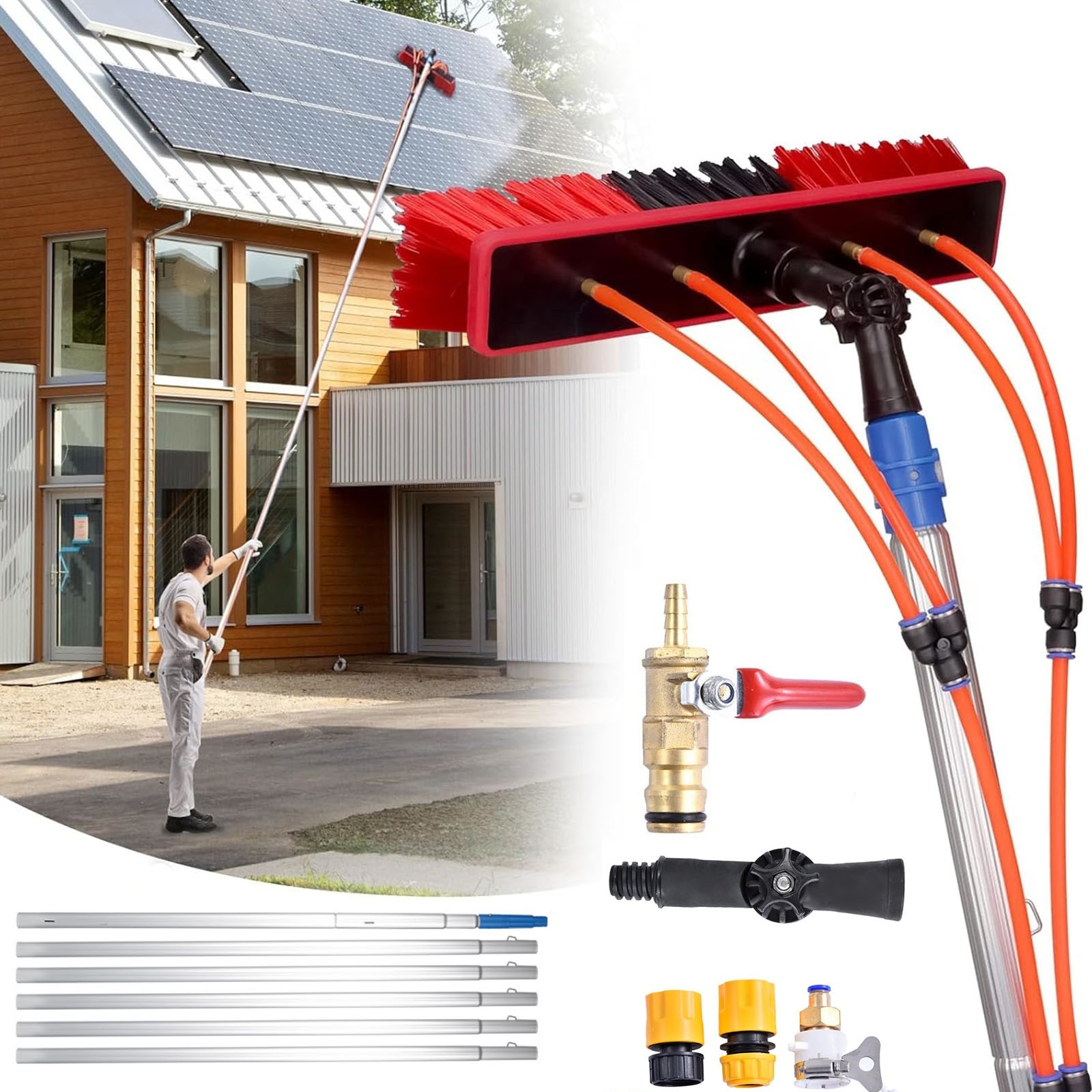 29.52ft Solar Panel Cleaning Kit, 26 Ft, Water Fed Pole Kit With Cleaning Brush, Soap Dispenser, Extendable Telescopic Pole, 360° Rotatable Brush Head, For Roof Mounted Solar Panels, Windows