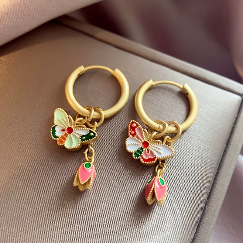 E-shop Ein Paar chinesische, farbenfrohe, tropfende Öl Schmetterling Tulpen Ohrringe für Damen, modische Retro Temperament Ohrringe, Kupferschnalle,