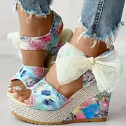 womens floral print wedge sandals peep toe bowknot strap platform shoes casual hoho beach shoes details 0