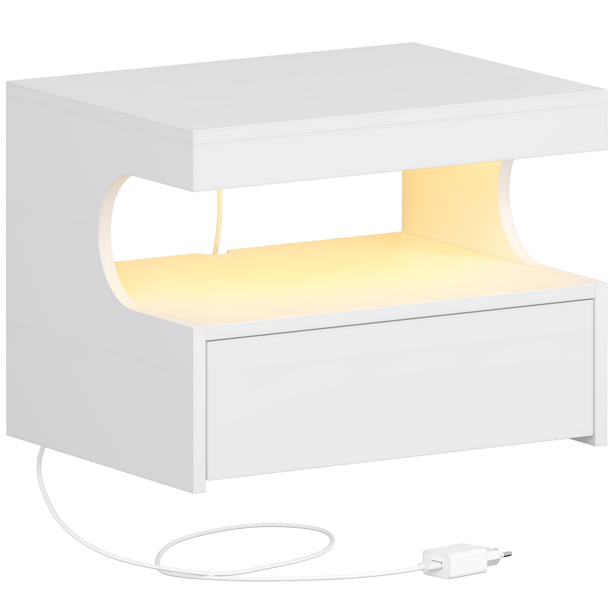 Image of Hanging Floating Wall Shelf With Led, 1 Drawer With Rails, Drawer Cabinet With , Modern, For Bedroom, Living Room, 30 X 40 X 29.2 Cm, White, Storage Drawer Units