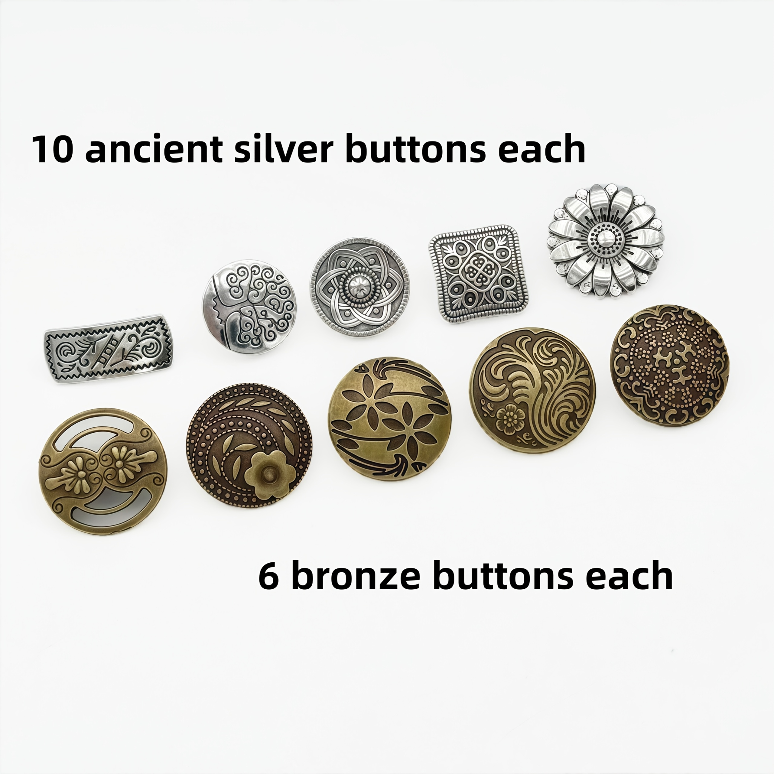 TEMU 80 piezas de botones de metal estilo retro plateado antiguo y antiguo, decoraciones de costura, para combinar con chaqueta, accesorios de ropa