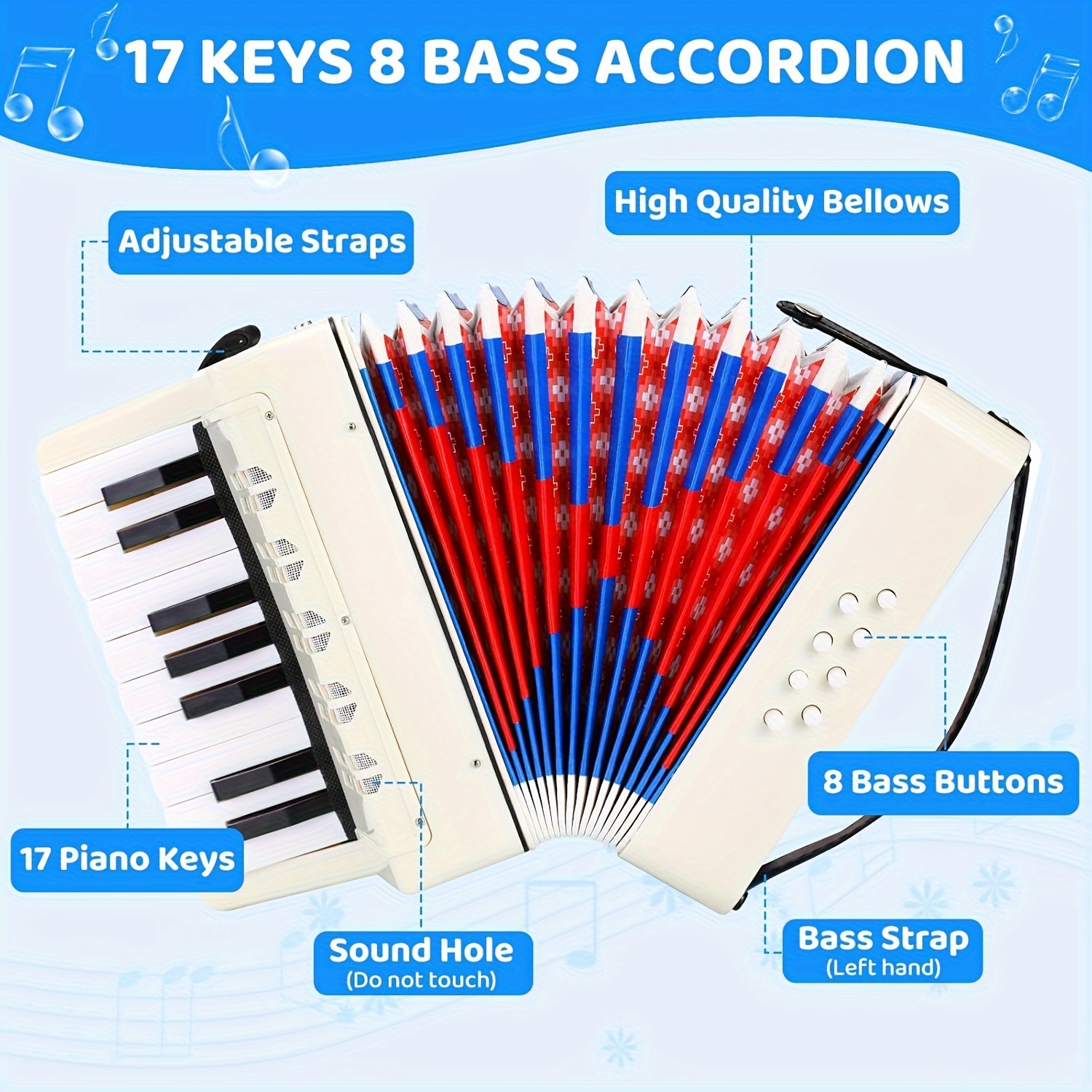 

Accordéon, 17 touches, 8 basses, avec sangle réglable, pour adultes, instrument de musique pour débutants.