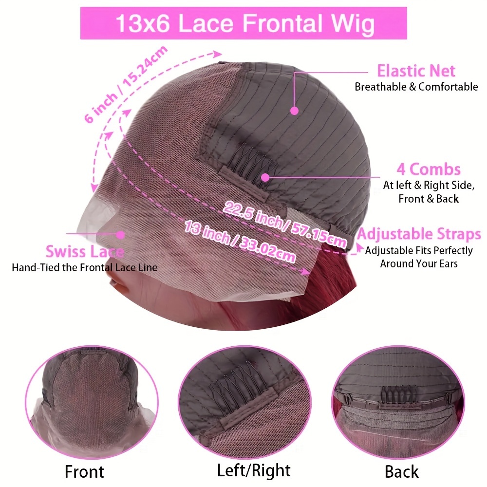 100% Human Hair 99j Burgundy Straight Lace Frontal Wig Pre - Temu