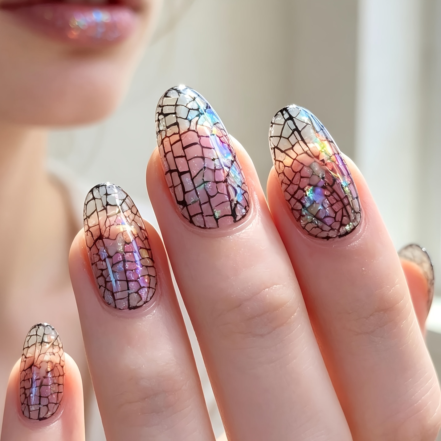 TEMU 24pcs Transparent Insect Wing Texture Glossy Medium Length Almond-shaped Fake Nails Press-on Nail Patches Gothic Nail Art Nail Set Women's Nails