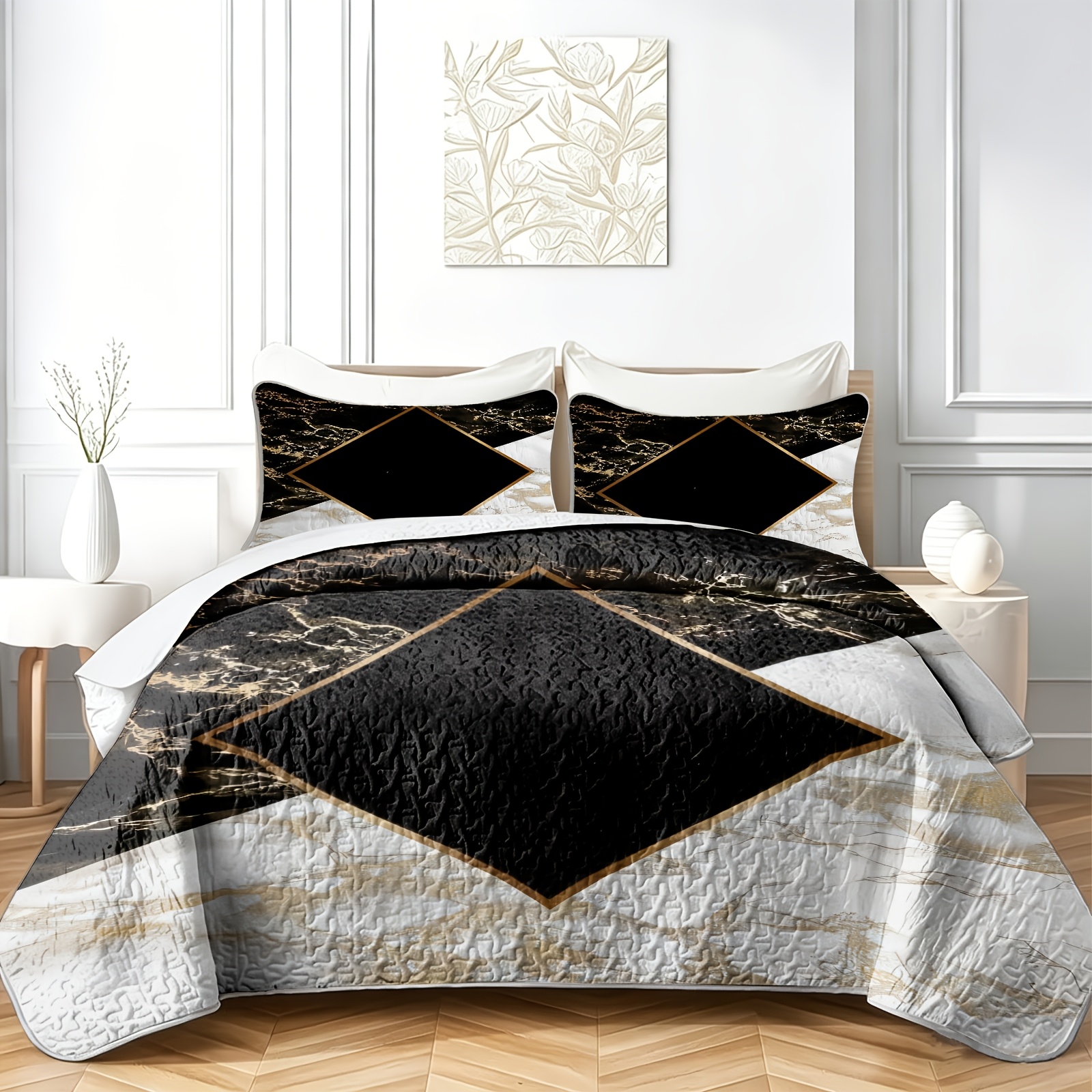 TEMU 2pcs/3pcs Black And Diamond Frame Pattern Bedspread Set - 1*bedspread + 1/2*pillowcases, No Insert, Lightweight And Breathable Summer Quilt,