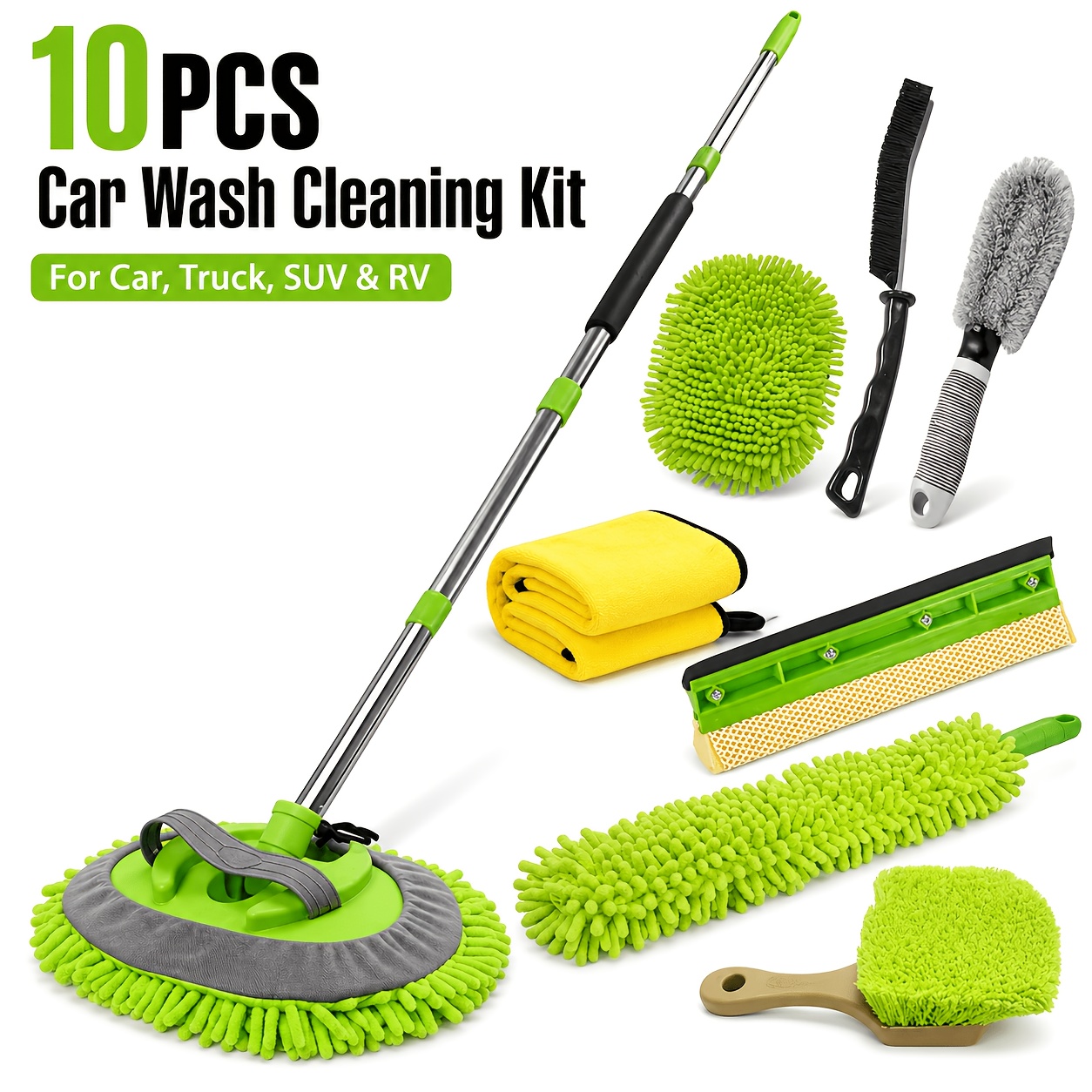 10pcs Car Wash Brush Kit With Long Handle, Chenille Microfiber Car Wash Mop Mitt, Tire & Wheel Brush, Window Squeegee, Detailing Brushes And Towel, Car Cleaning Supplies For Car, Truck, Suv, Rv