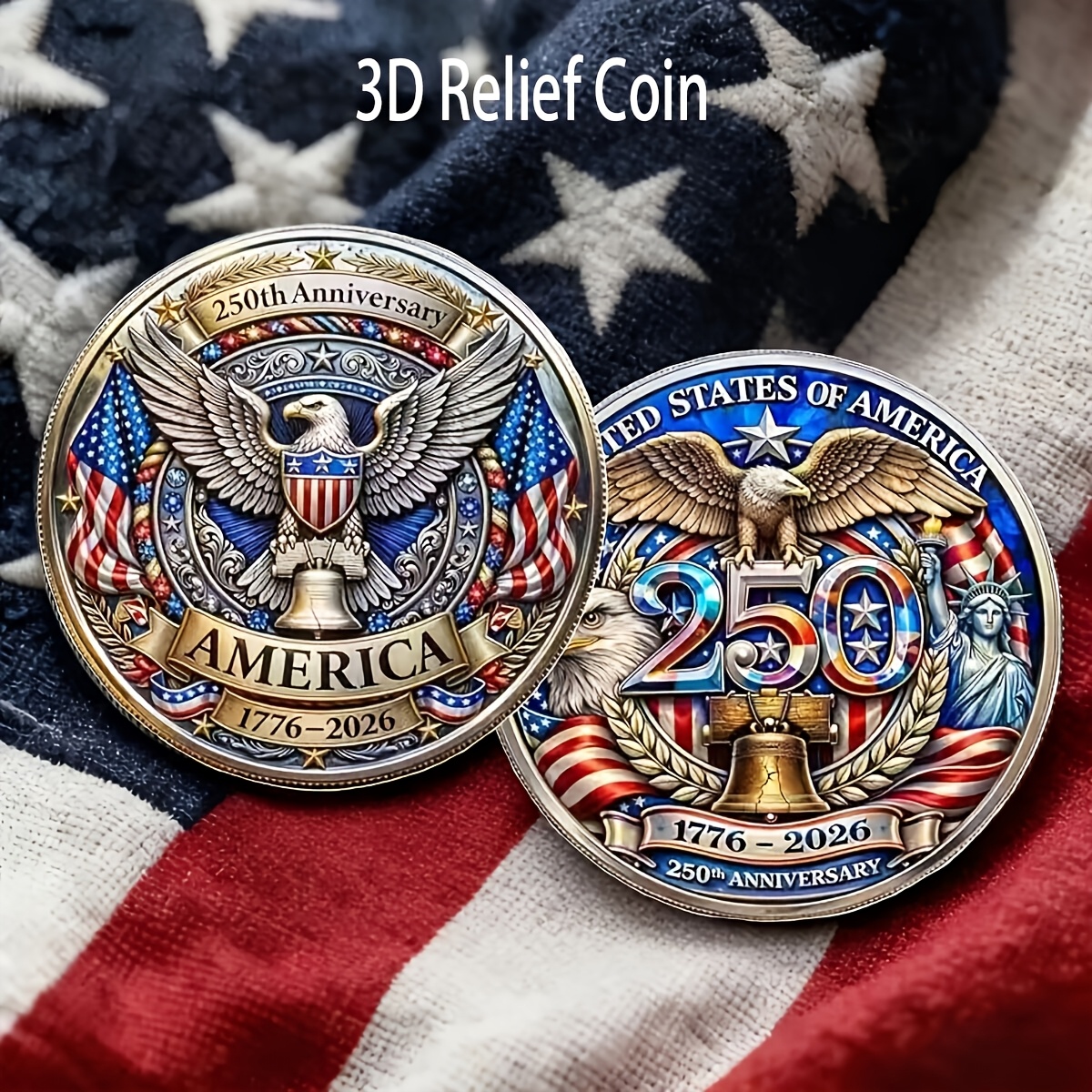 replica coin 3d relief coin 250th anniversary commemorative coin bald   1776 2026 anniversary commemorative coin novelty commemorative coin double sided historical design collectible commemorative coin 250th anniversary commemorative