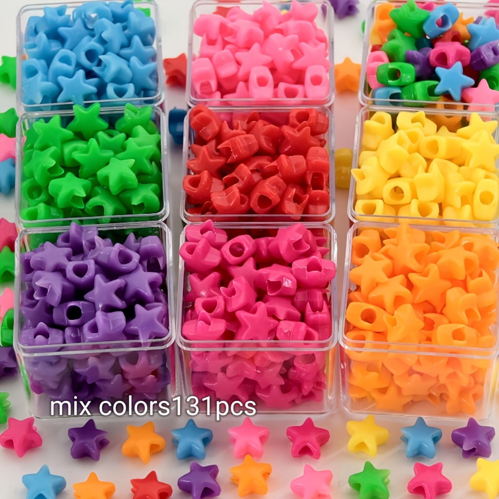 TEMU 131 pièces Perles petites à grand trou de 10 mm en acrylique, à trou droit, perles étoiles de couleur unie pour DIY, accessoires de bijoux faits