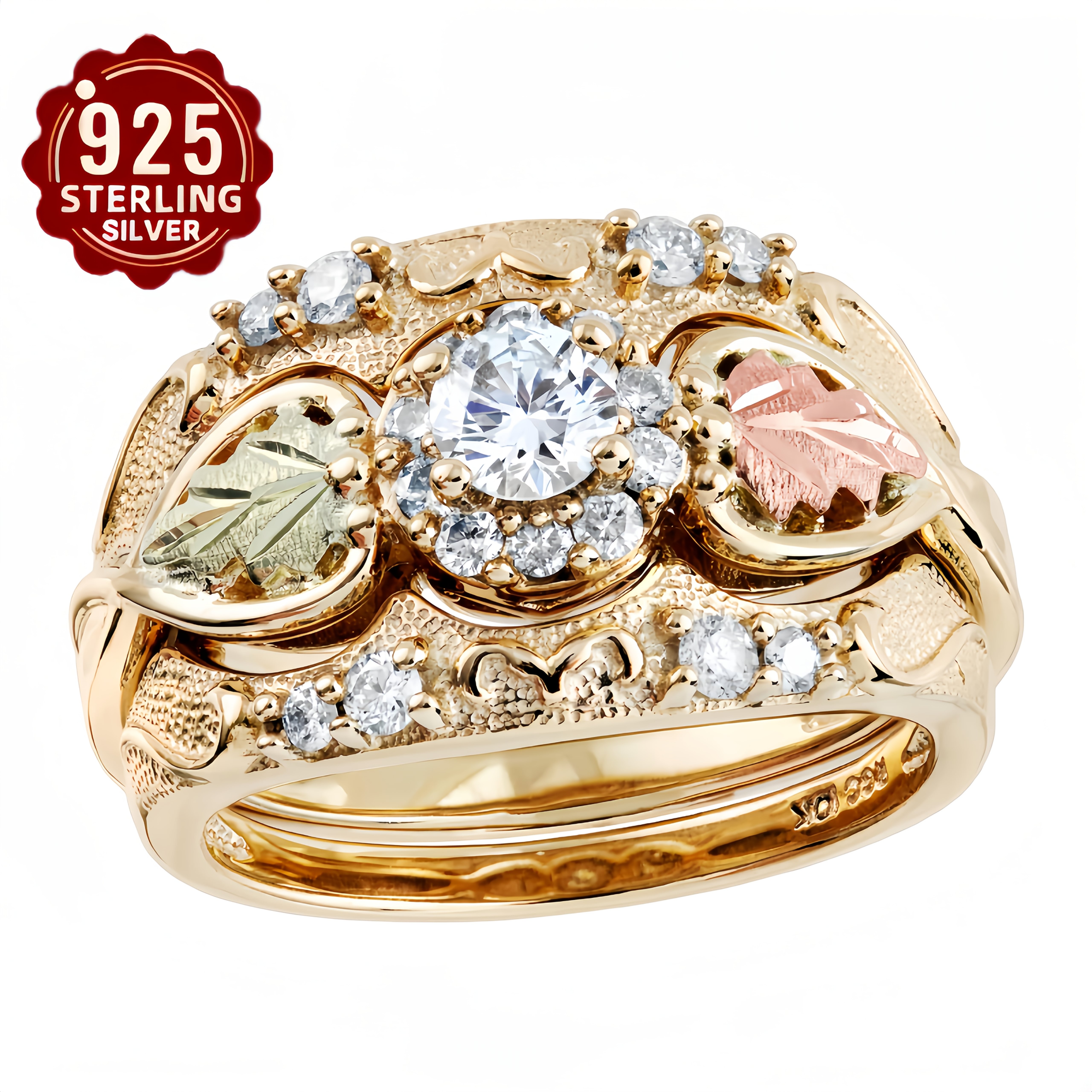TEMU Elegant S925 Sterling Silver 3pcs Ring Set With Leaf Design And 5a Synthetic Zirconia Inlay, Suitable For Daily Wear, Banquets, Engagements,