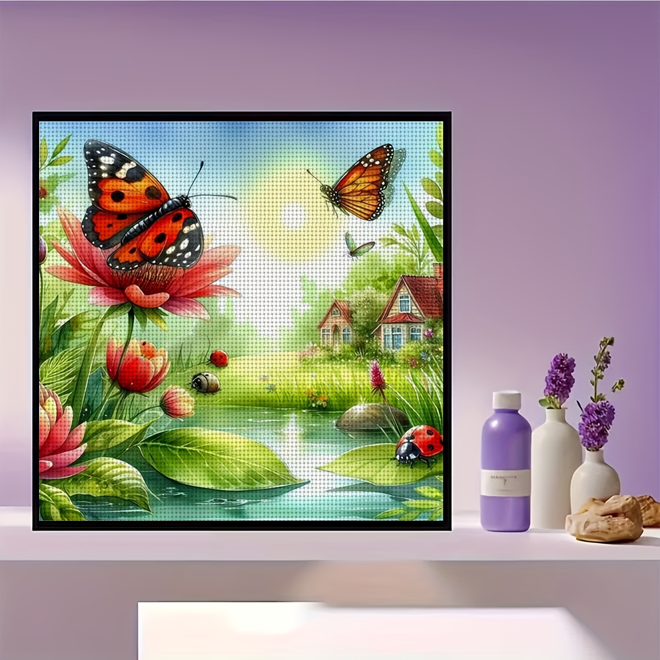 Printed Cross Stitch Kit, 'Butterflies and Ladybugs in the Garden' Pattern