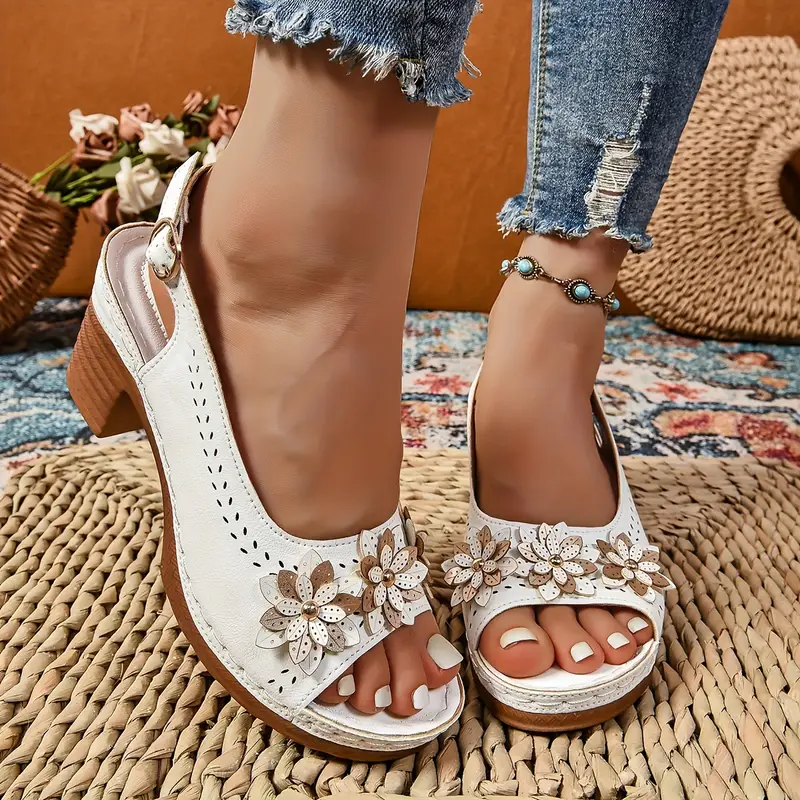 womens solid sandals ankle soft sole chunky heels floral slingback vacation shoes details 7