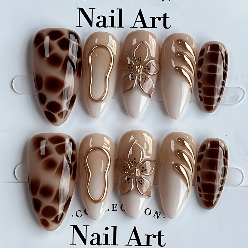 TEMU 10pcs Brown Nails Almond Shape, Flirty Y2k Crocodile Print Fall/winter Nail Art, Flower Handmade Short/mid Length False Nails, Simple Versatile