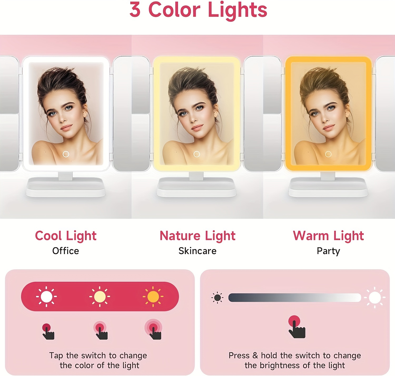 tri fold tabletop makeup mirror with led lights folding vanity mirror with 3 color lighting lighted mirror with for cosmetic women gift details 4