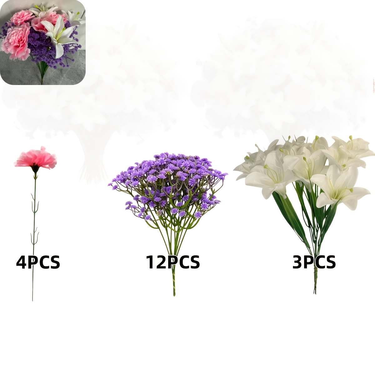 TEMU Ensemble de 19 pièces, Fleurs artificielles d'extérieur réalistes — 3 lys + 4 œillets roses + 12 gypsophiles violettes, Œillets artificiels pour